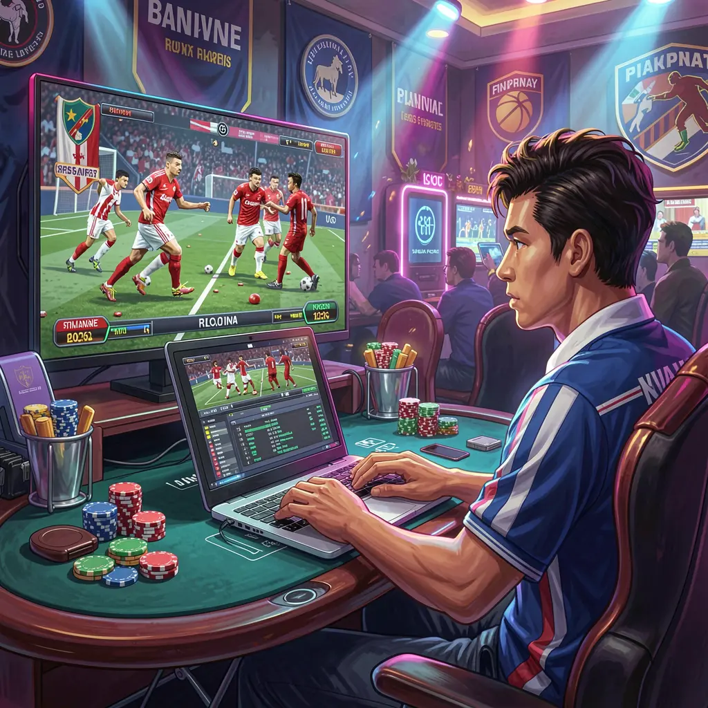 VIPER 88 – Analyze and bet on sports like a pro in the Philippines Experienced Filipino sports bettor analyzing live match statistics on a laptop while watching TV using the advanced VIPER 88 betting platform