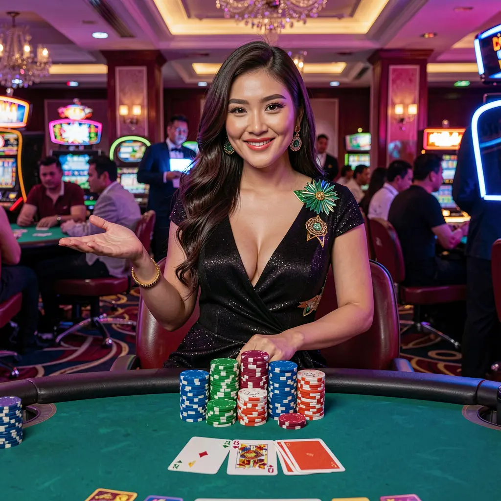 Elegant live dealer in a red dress standing by a casino table with chips and cards highlighting the premium live casino experience at VIPER 88 for players in the Philippines