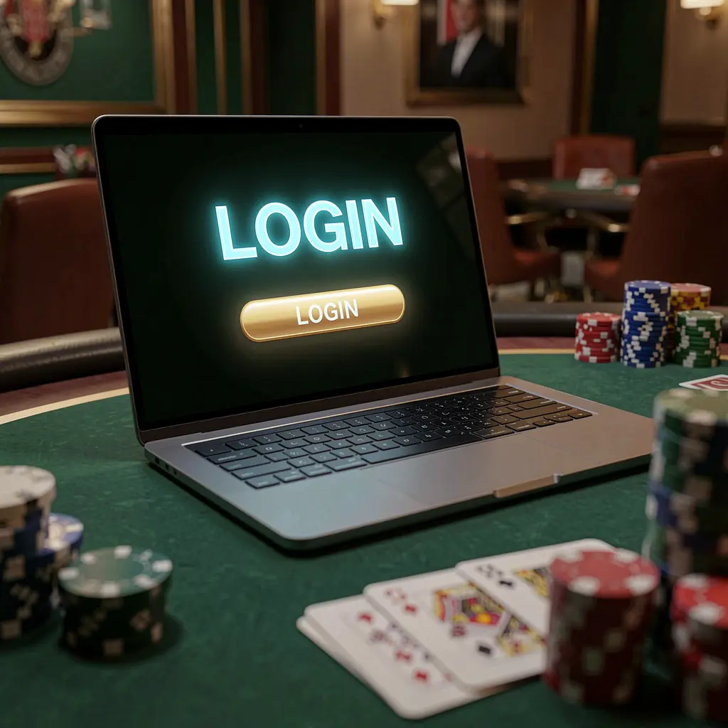 Modern laptop on a casino table with poker chips and cards showing the VIPER 88 login screen for online casino access in the Philippines